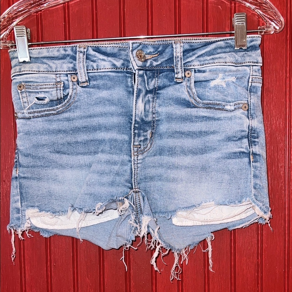 American Eagle Outfitters Light Blue Distressed Jean Shorts Next Level Stretch 0
